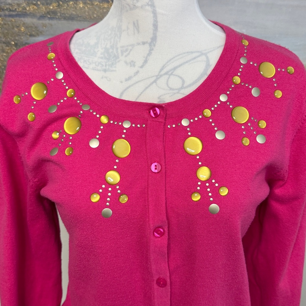 SWEATER, Cardigan, Long Sleeve, Button down, Embellished, Bright Pink - Picture 2 of 8